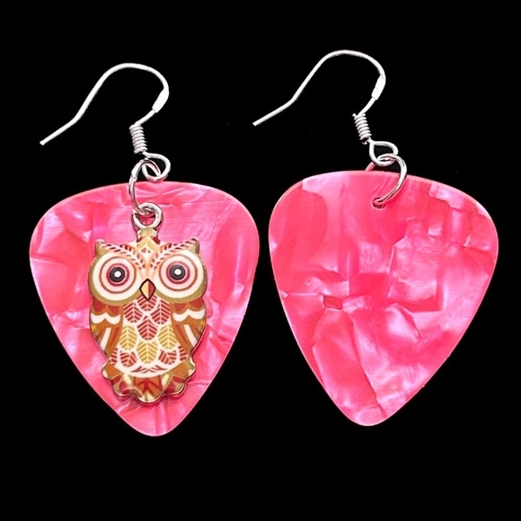 Hand Crafted Earrings Repurposed Guitar Picks Wise is the Owl Silver Plate Wires - Picture 3 of 9